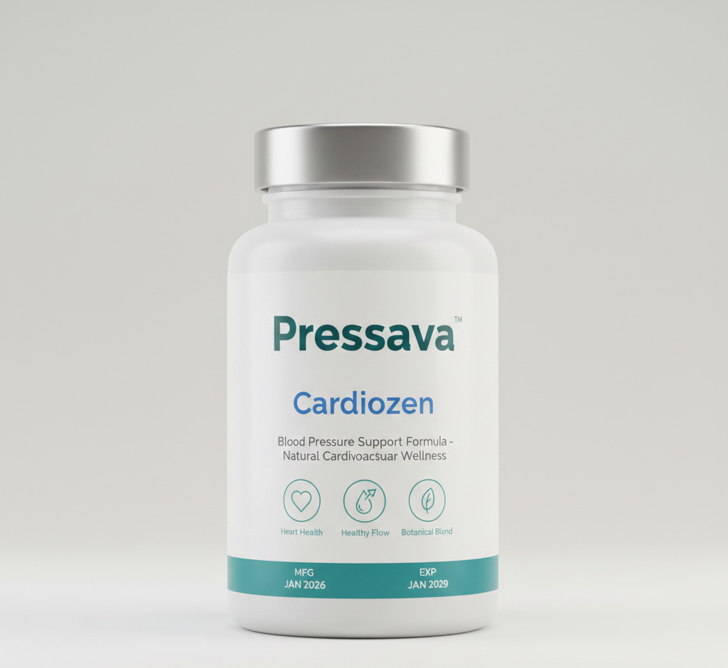 Cardiozen přírodní doplněk stravy pro krevní tlak - moderní bílé balení s elegantním designem na dřevěném pozadí s čerstvými listy